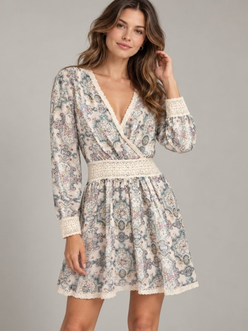 Zimmermann Cream Paisley Lace-Trim Long-Sleeve Romper